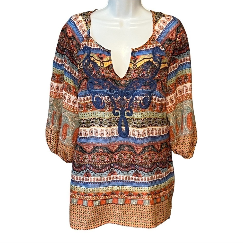 Nick & Mo Orange & Blue Paisley Embroidered Shift Dress V-Neck Puff Sleeve Small